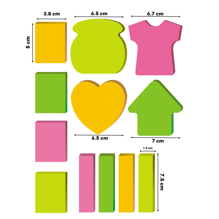 Multi-Shape Fluorescent Sticky Notes – 12 Bright and Colourful Designs