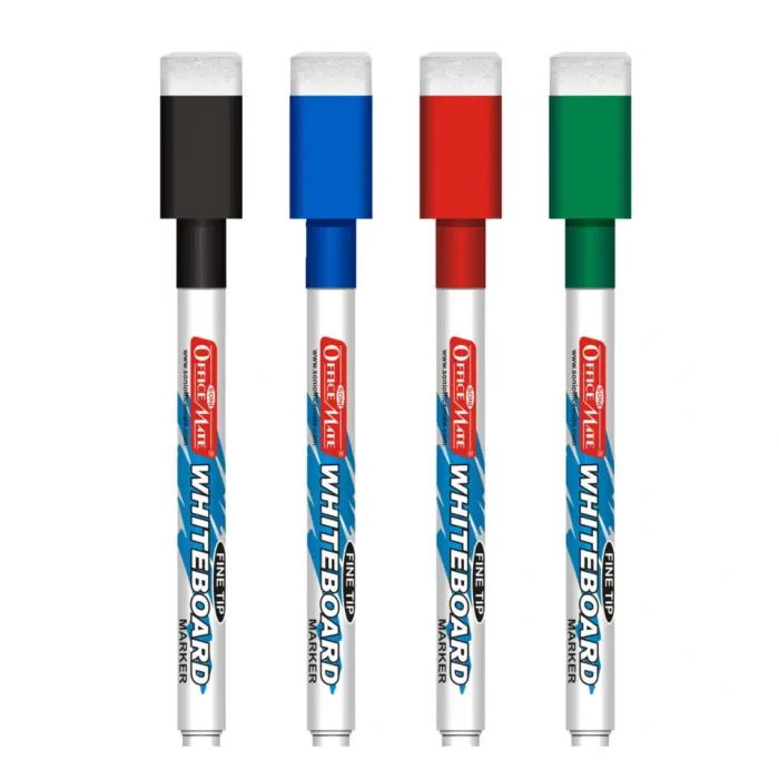 Slim Whiteboard Marker with Duster on cap, Assorted Colour (Pack of 4) – Extra Precision, Bright Colours, Easy Wipe
